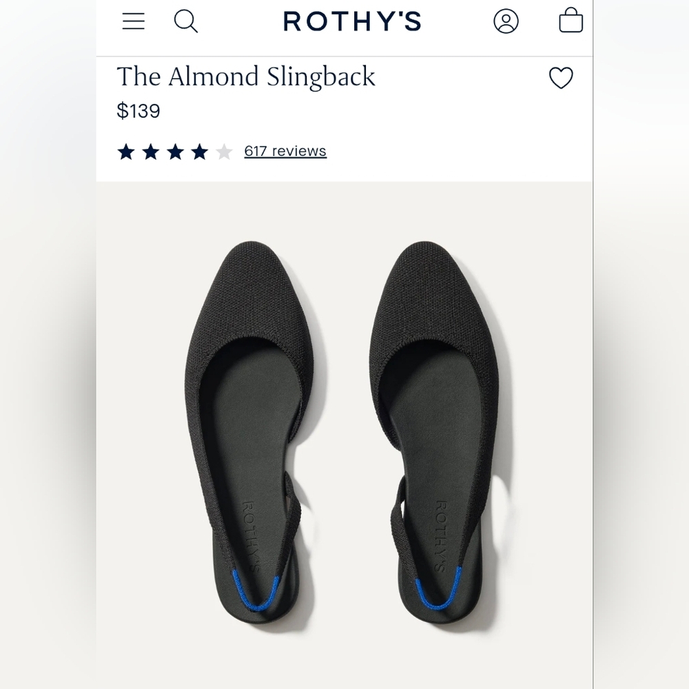 Rothy's Almond Slingback Flats in Black with Blue Heel Accent